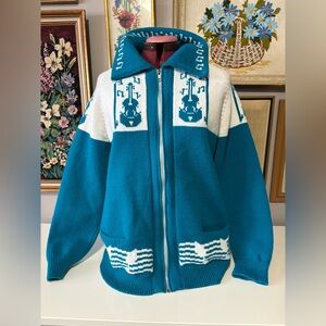 Homemade Teal and White Zip-Up Sweater. Fiddle motif